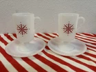 Vintage McKee Red Snowflake ❄️ Milk Glass Pedestal Mugs & Saucers 2 Sets/4 Pc.s