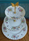 Minton "Marlow" 3 tier XL china cake stand. Floral plates & Butterfly handle