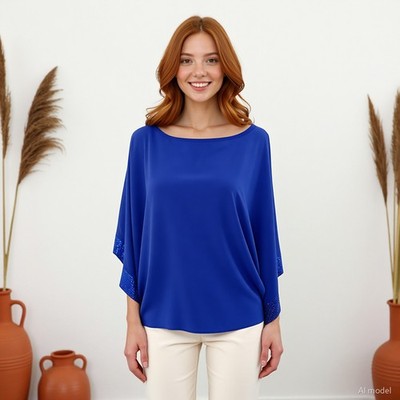 St. Bernard for Dunnes Stores Blouse Blue US 6 Tunic Kimono Sleeves Sequins