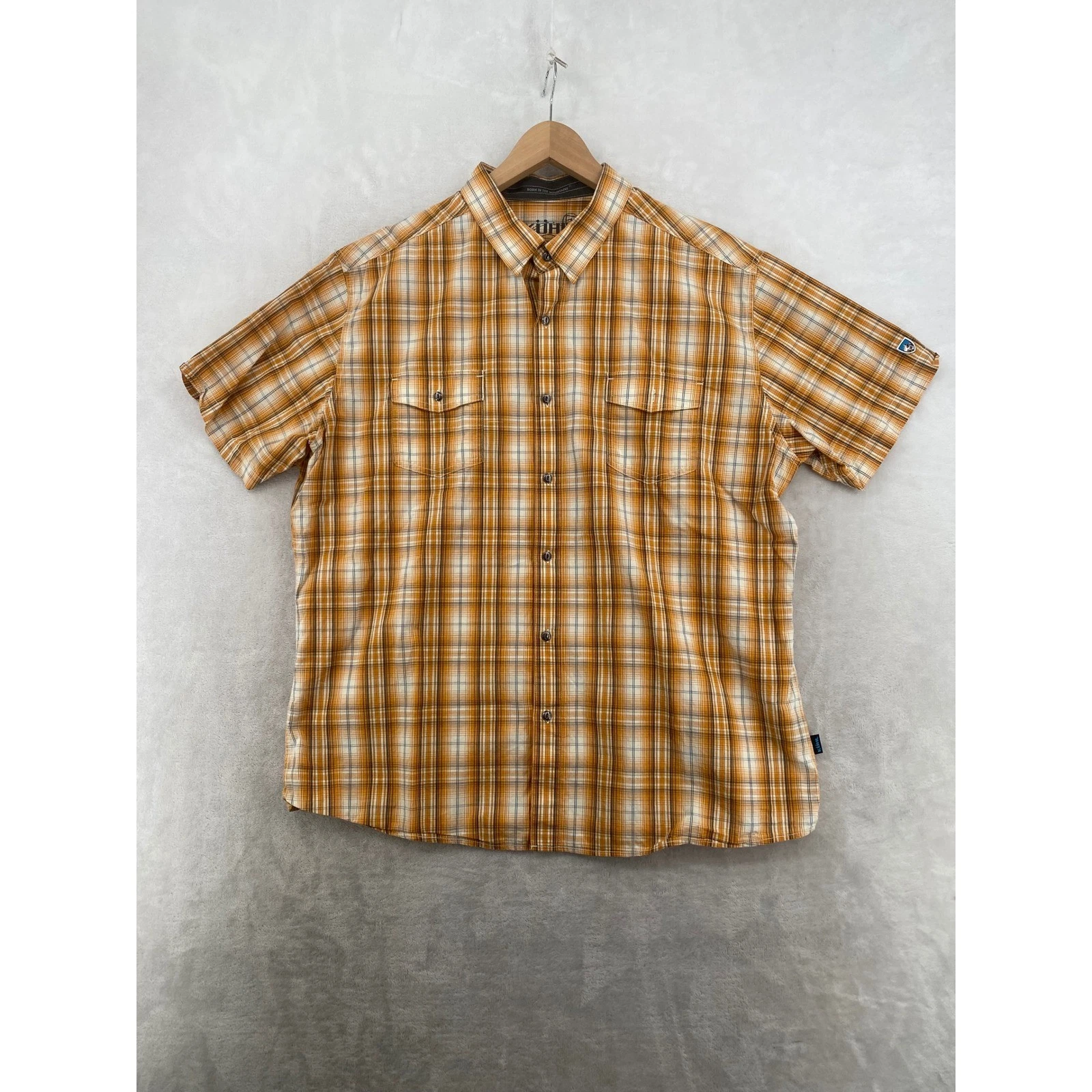 Kuhl Plaid Shirt Mens XXL Orange Yellow Cotton Linen Short Sleeve Hiking Utility