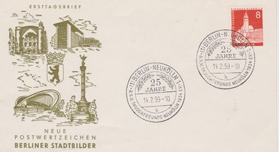 Berlin FDC Nr. 187, gestempelt 14.2.59, Neukölln 8-Pfg, Stadtbilder III