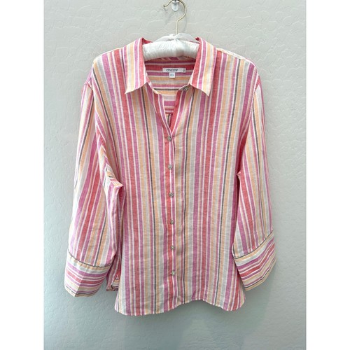 CHICO’S | Multicolor Pink Striped 100% Linen Long Sleeve Button Front Top | 16 - Picture 1 of 7