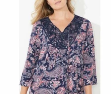 Catherines Plus Navy Blue Crochet Trim Peasant Top Blouse Tunic 3X, 26/28