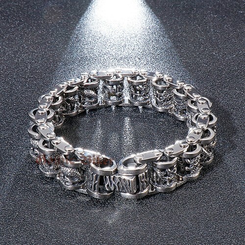 Premium Mens Heavy 316L Stainless Steel Chinese Dragon Link Chain Biker Bracelet - Picture 2 of 13