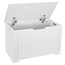 White 2 Safety Hinge Wooden Toy Box Lift Top Entryway Storage Chest Bench