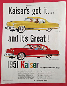 Kaiser 1951 Print Ad Coupe & Sedan "...the only car with Anatomic Design!"