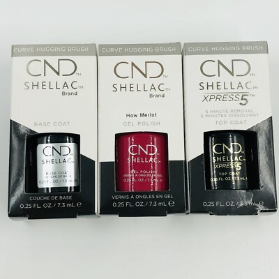 CND Shellac UV/LED Xpress5 Gel Top Coat Base Coat & How Merlot 0.25oz SET OF 3