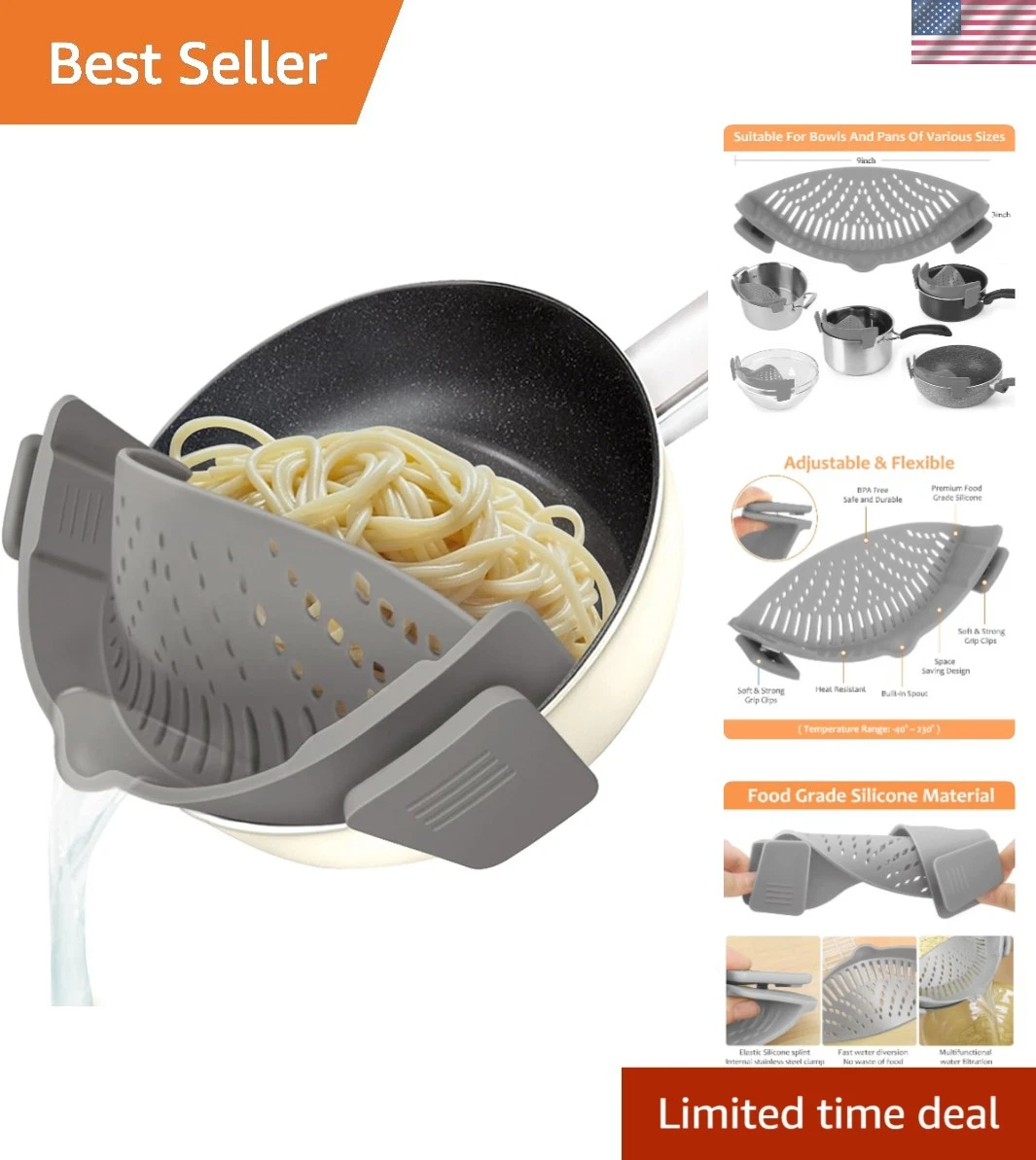 Clip on Strainer for All Pots Pan,Silicone Pasta Strainer Kitchen Gadgets,Col...