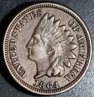 1864 INDIAN HEAD CENT - XF EF - With LIBERTY & DIAMONDS - CN Copper Nickel