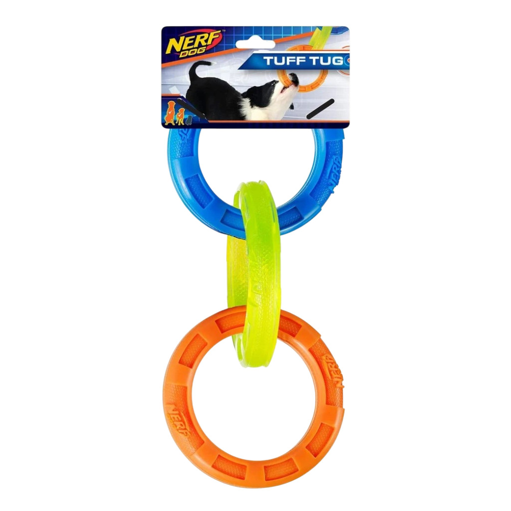 Nerf Dog Toy 3 Ring Rubber Pull Toy Interactive Play - Medium to Large Dogs 2pk