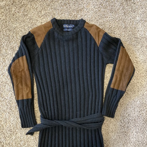 Vintage Ralph Lauren Sweater Dress Medium Wool Knit Leather Patches With Belt - Picture 2 of 10