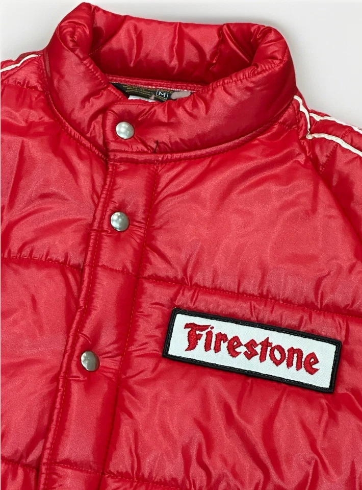 Vintage 70s Swingster Firestone Nylon Racing Puffer Quilted Jacket Red USA Sz M - Image 3 of 4