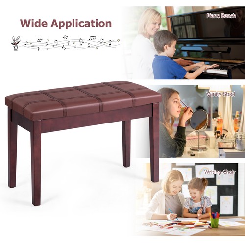 Piano de madera maciza cuero PU banco acolchado doble dúo teclado asiento almacenamiento marrón - Imagen 5 de 9