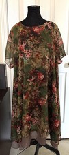 Floral Sheer Overlay Shift Dress Womens Olive Green Boho Tunic