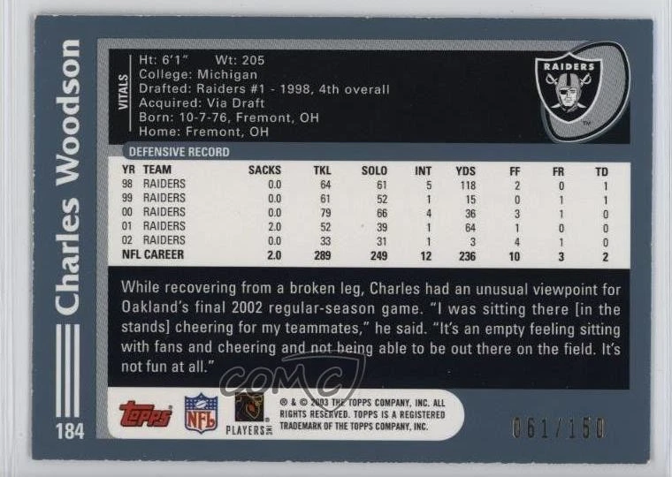 2003 Topps Black /150 Charles Woodson #184 HOF - Image 2 of 2