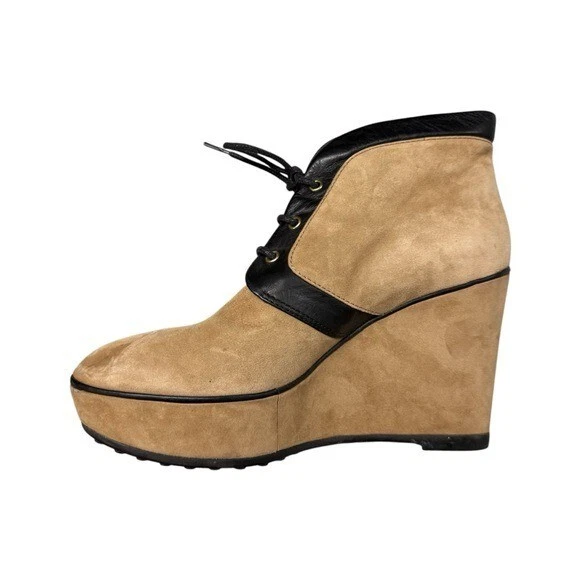 Tod’s Camel Suede Lace Up Wedge Boots Leather Trim Platform Ankle US 7 EU 37.5 - Image 2 of 4