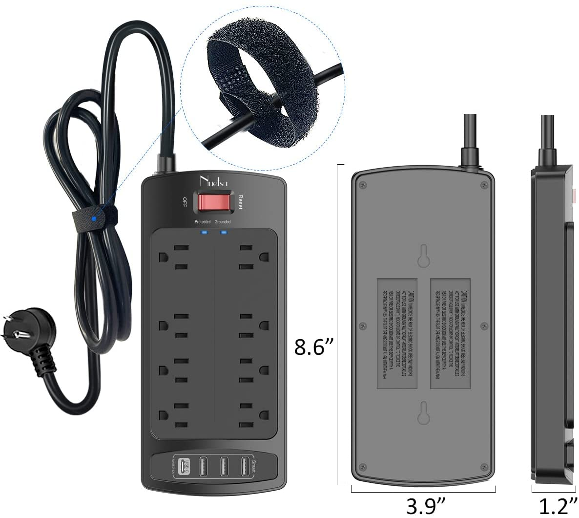Surge Protector Power Strip -  Flat Plug Extension Cord with 8 Outlets and 4 ...