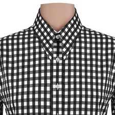 1970s Goodfellas Spear Dagger Collar Black White Gingham Checkered Men's Shirt