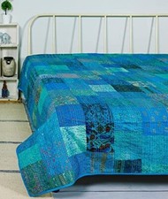 Indian Handmade Quilt Vintage Kantha Bedspread Throw Cotton Blanket Gudari Queen