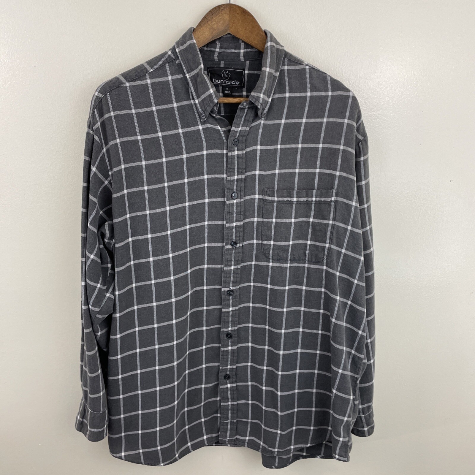 BURNSIDE Shirt Mens XL Gray Plaid Long Sleeve Button Down 100% Cotton