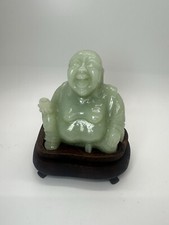 Green Jade Type Hardstone Carved Chinese Happy Buddha Sculpture On Wooden Stand