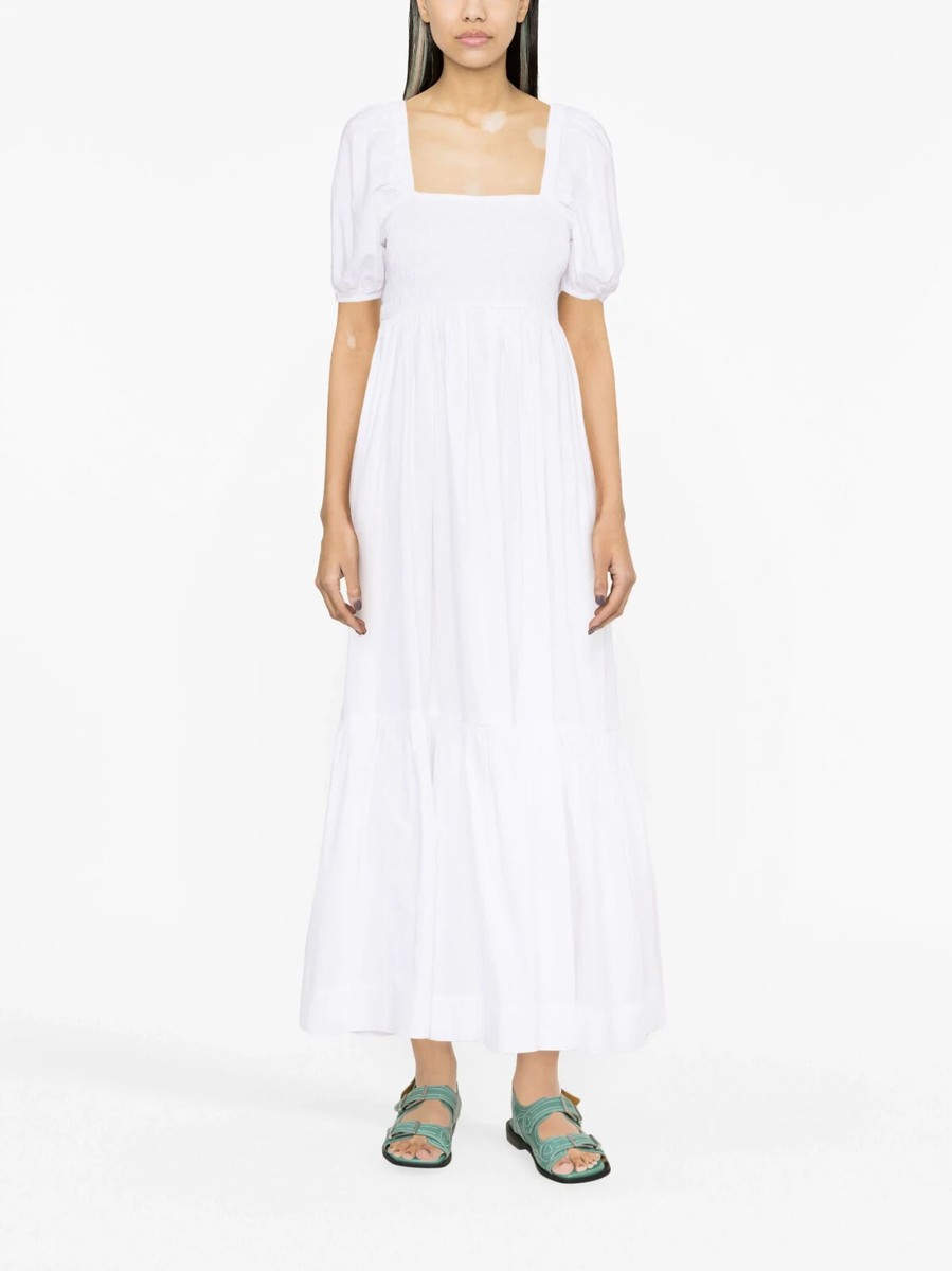 Ganni Smocked Organic White Cotton Poplin Maxi Dress Sz 16