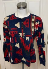 Lauren Ralph Lauren Jeans Co. Blue White Red Navajo Henley Top Print Top, Size L