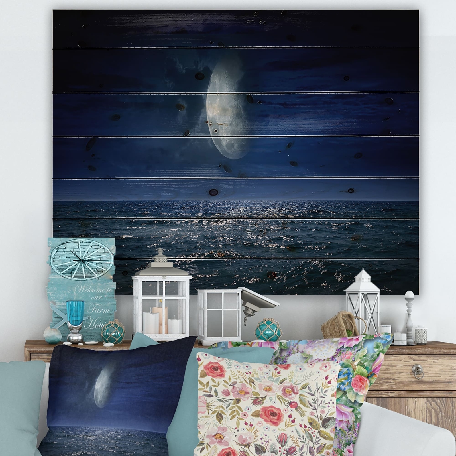Designart 'Full Moon Over Dark Ocean At Night' Nautical &