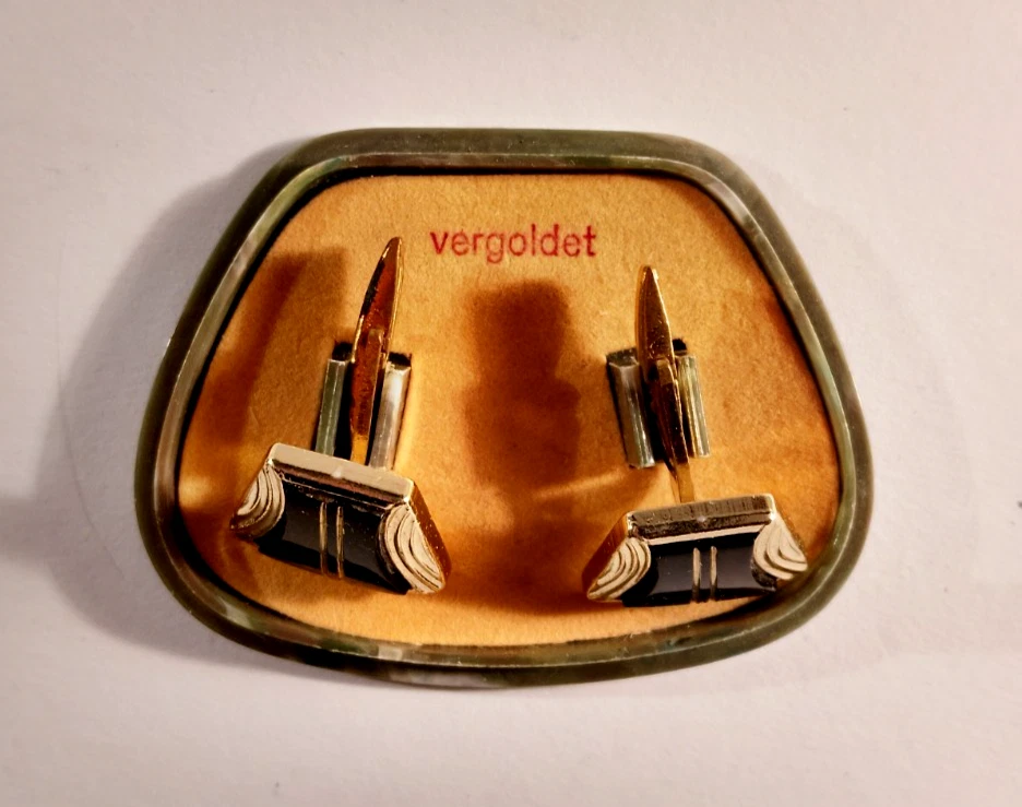 Manschettenknöpfe, schwarzer Stein, vergoldet, Schatulle - Manschettenknöpfe Set - Bild 2 von 4