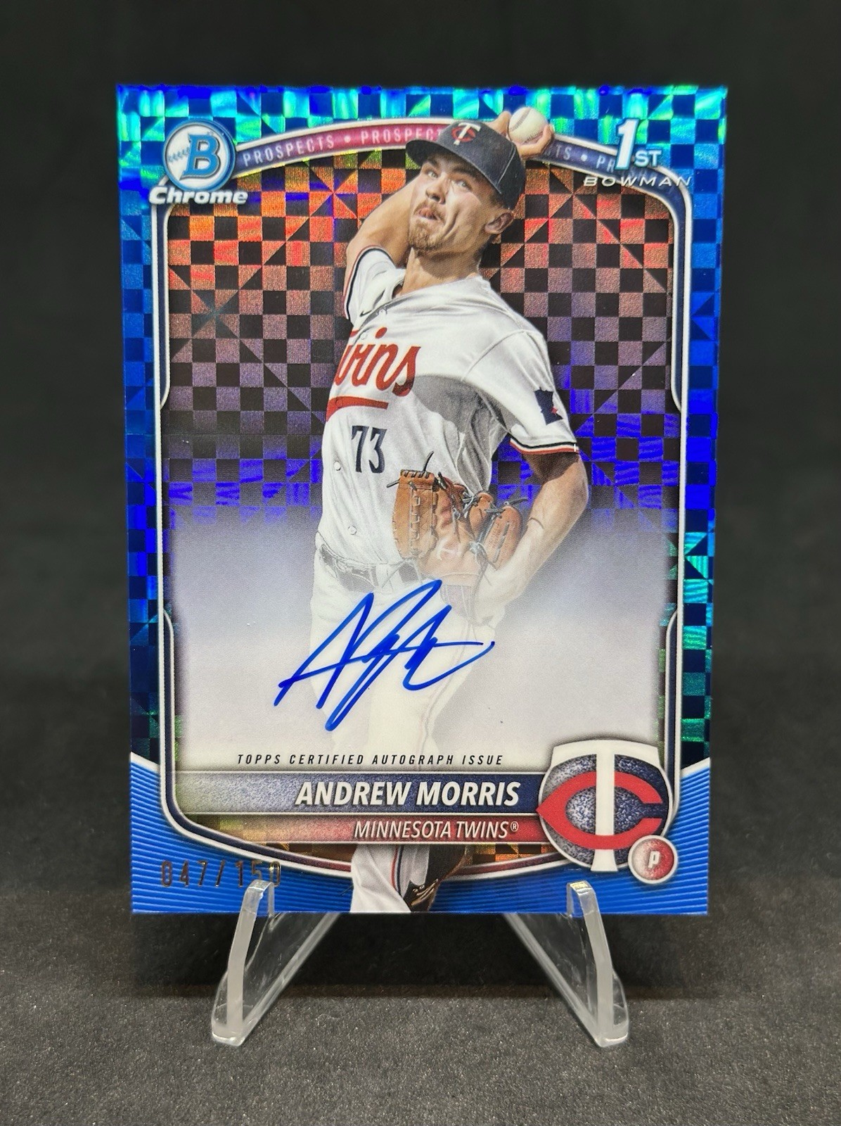 2025 Bowman Andrew Morris Auto Blue X-Fractor Checkerboard /150 Twins 1st Chrome