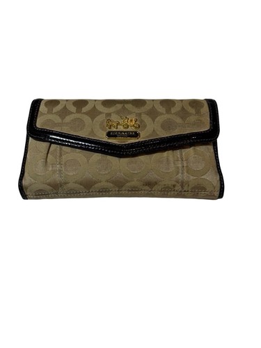Coach Madison Op Art Checkbook Wallet Khaki Brown Canvas 2 Piece Signature Set