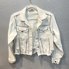 Savanna Jane Women's S Jacket White Denim Cropped Studded Distressed Button Up