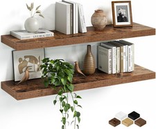 32 Inch Set of 2 Rustic Wood Floating Shelves with Invisible Brackets, Brown