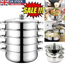 3/5 Tier Steam Cooker Steamer Pan Cook Food Veg Pot Stainless Steel Large Silver