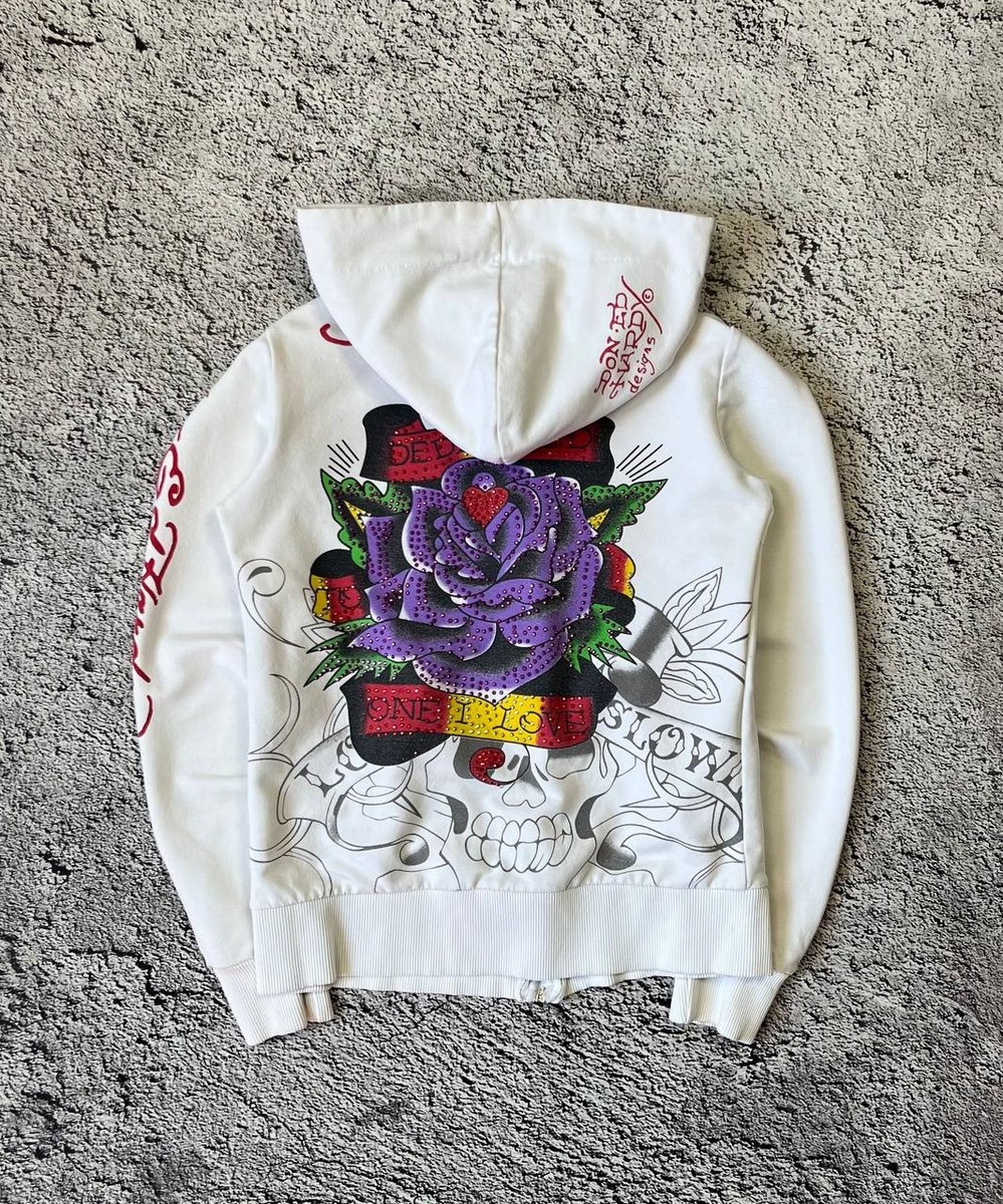 Ed Hardy Don Ed Hardy Designs Zip Hoodie Rose Skull Graphic White