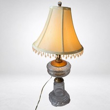 Clear Glass Oil Lamp Style Electric Table Lamp Beaded Fringe Bell Shade 24" Tall