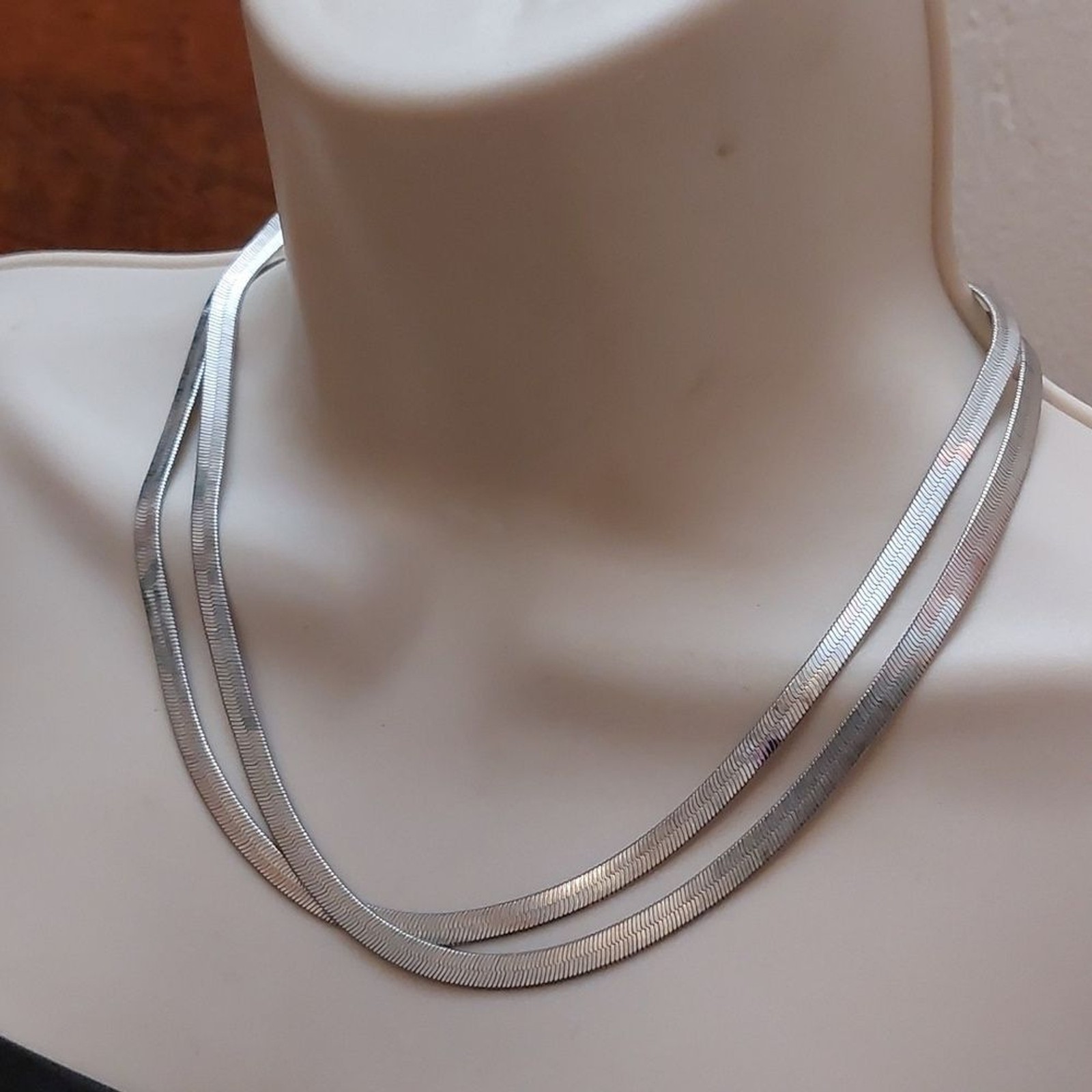 Double Strand Flat Herringbone Chains Silver Tone… - image 2