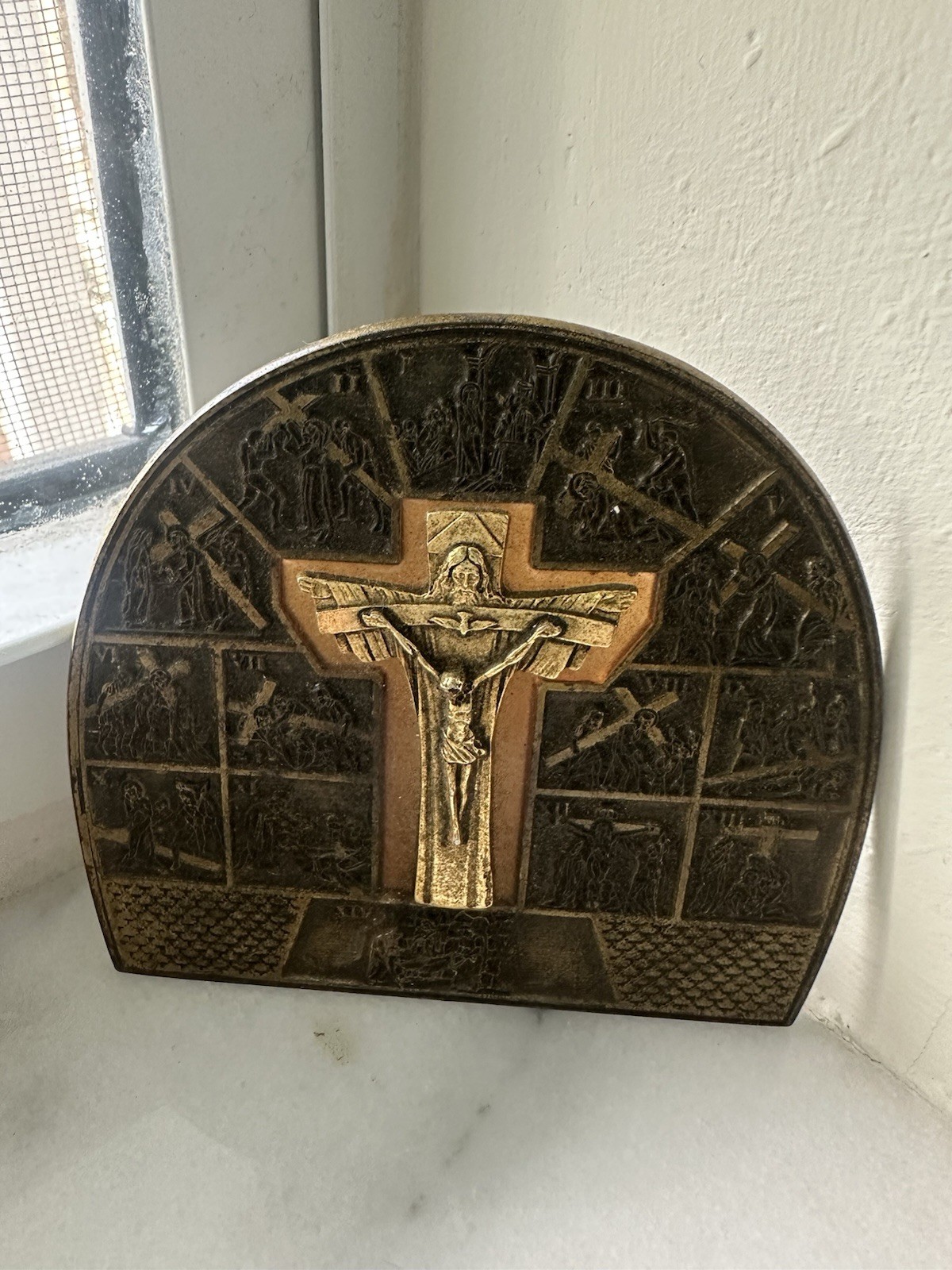 Vintage Bronze Stations of the Cross Wall Plaque Crucifix Alpha Omega 1991