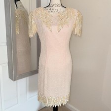 Vintage 80s Sequin Dress Bead Pearl Embroidered Cocktail Formal Sz 11-12 Retro