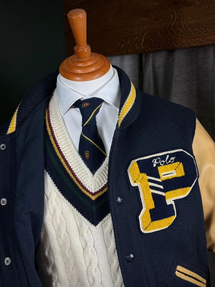 Pre-Owned Polo Ralph Lauren Navy Wool-Blend Letterman Jacket Medium RRP £695 - Image 4 of 4