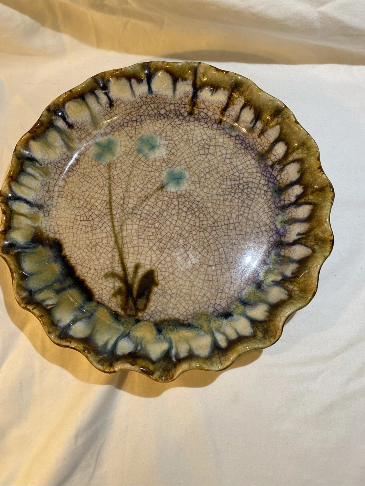 Signed Studio Art Pottery Fluted Deep Dish Stoneware Pie Plate Flower Drop Glaze