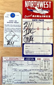 1955 NORTHWEST ORIENT AIRLINES TICKET, “CARRY-ON BAGGAGE PERMIT”, JACKET