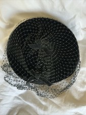 Vintage Women's Union Made Ladies Black Pill Box Hat With Netting and bow.