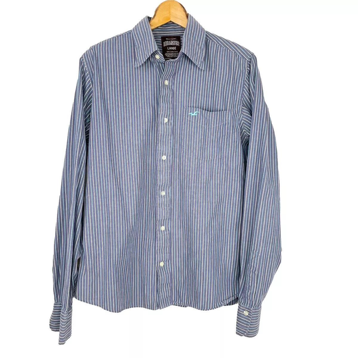 Hollister Mens Button Down Long Sleeve Blue white Striped Shirt Size Large