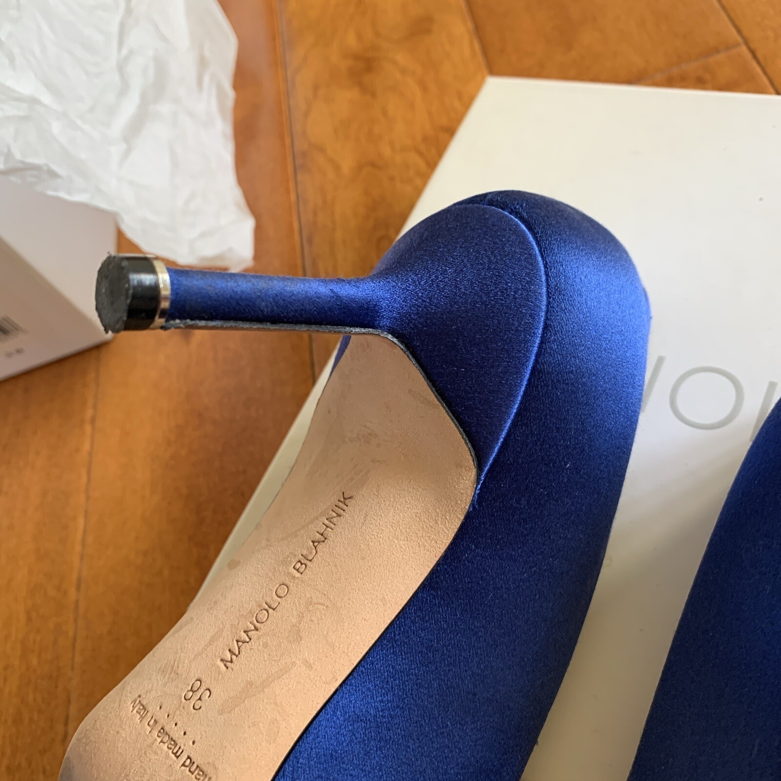 Manolo Blahnik M 38 7.5-8 Hangisi Blue Satin Ruthenium 70mm Pump Box Crystal US image 7