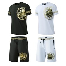 New Mens Cotton T Shirt Polyester Shorts Set LION PRINT Tracksuit Summer