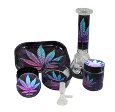 8 Pieces Smoking Set Grinder Beaker Tray Ashtray Jar Smoking Kit Purple Leaf