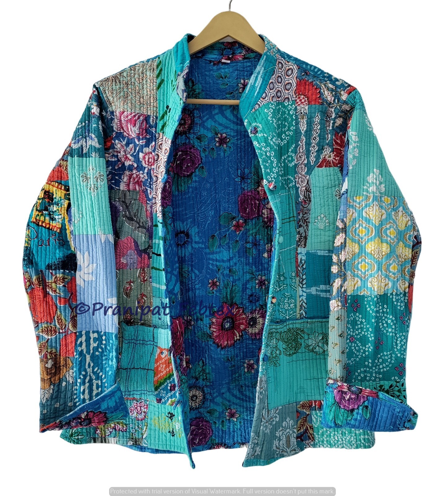 Handmade Blue Patch Work Women's Full Sleeve Quilted Short Jacket Vests Coats US