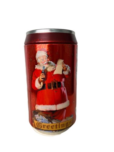 Vintage Coca Cola Greetings Santa Jumbo Tin Can Coin Bank 8" High - Picture 3 of 10