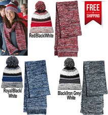 Ladies Women Team Pom Pom Beanie  Marled Scarf Matching Set Soft Warm NEW 